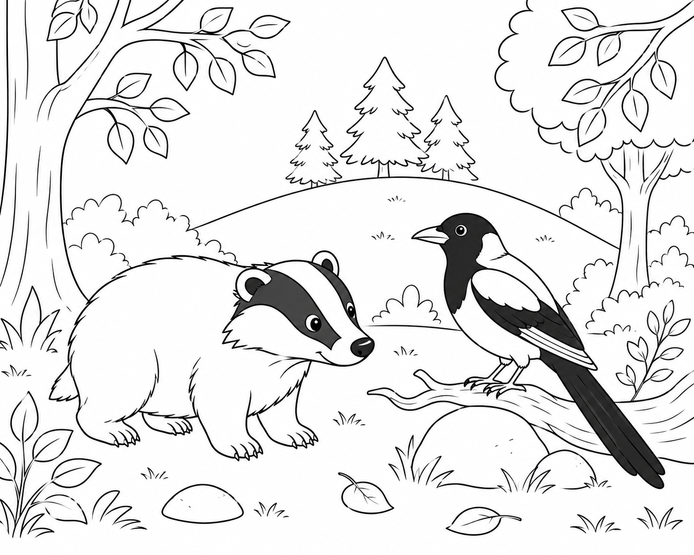 A simple line drawing of a badger and a magpie in a forest clearing, for colouring