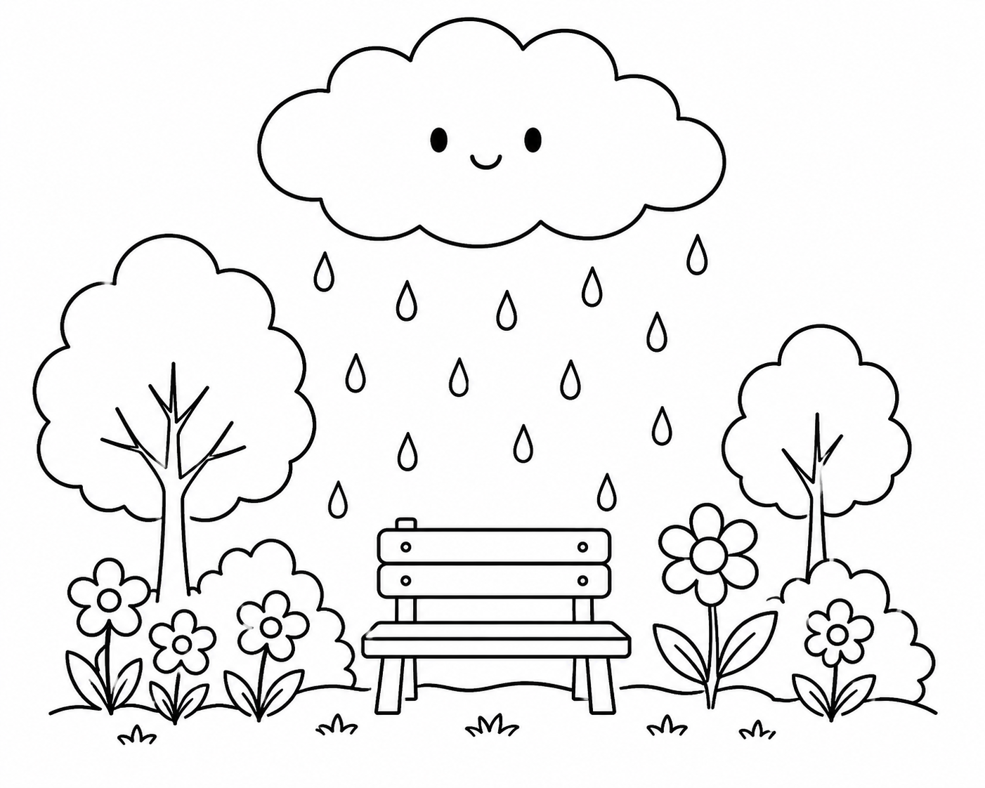 A simple line drawing of a cloud, garden, and rain for colouring