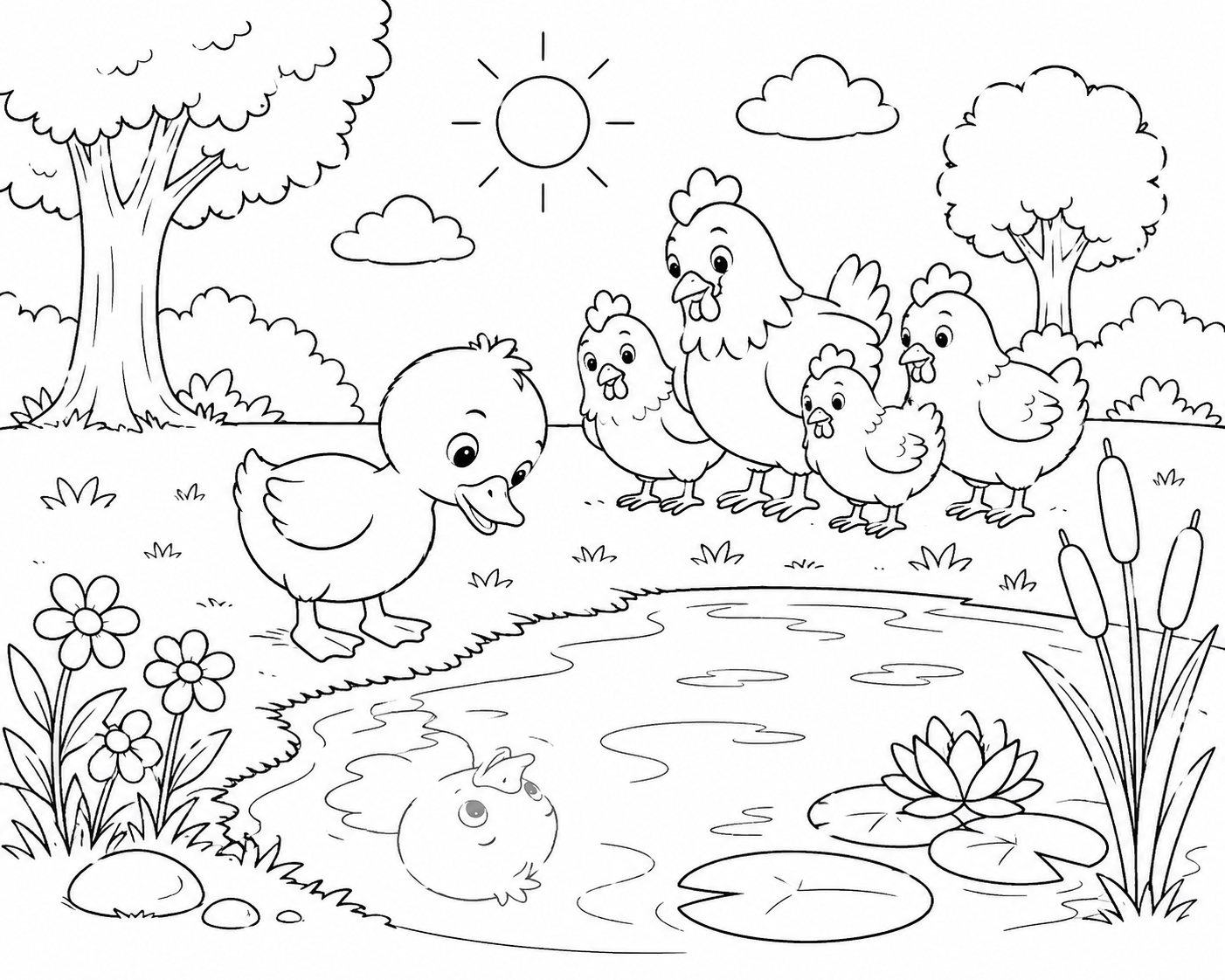 A simple line drawing of a small yellow duck at the edge of a pond with chickens watching from the grass, for colouring