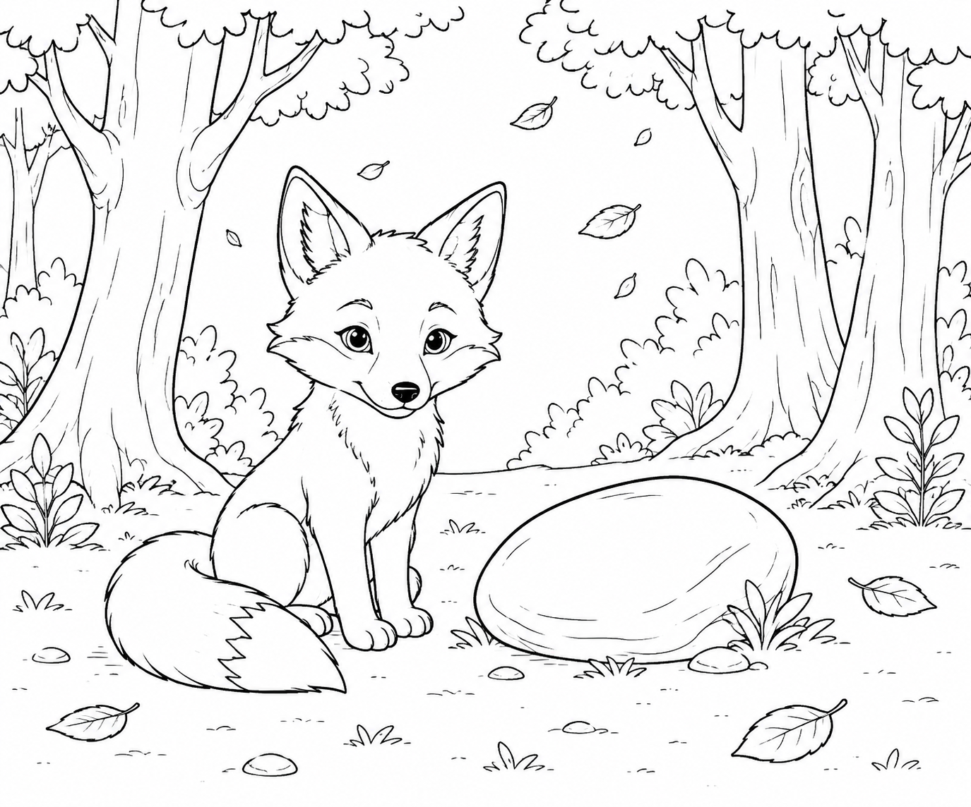 A simple line drawing of a fox beside a stone in a forest clearing, for colouring