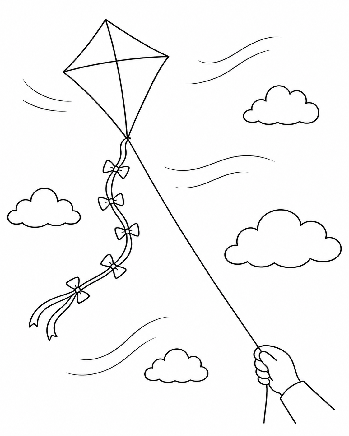 A simple line drawing of a kite in the sky, for colouring