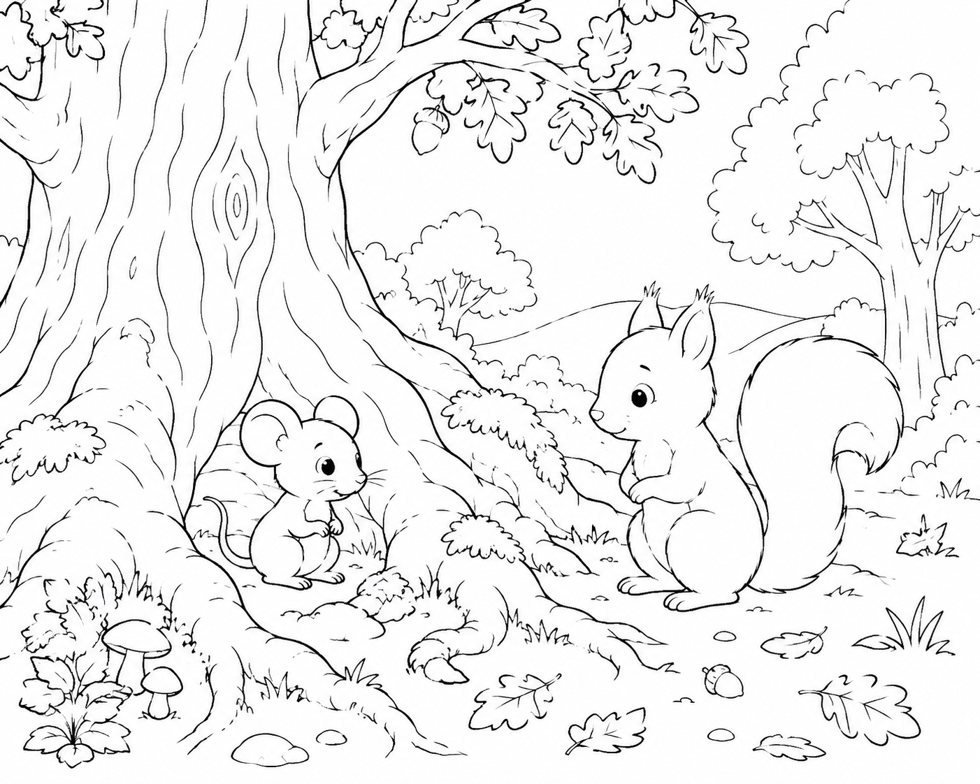 A simple line drawing of a tiny mouse sitting among tree roots, listening, with a squirrel nearby, for colouring