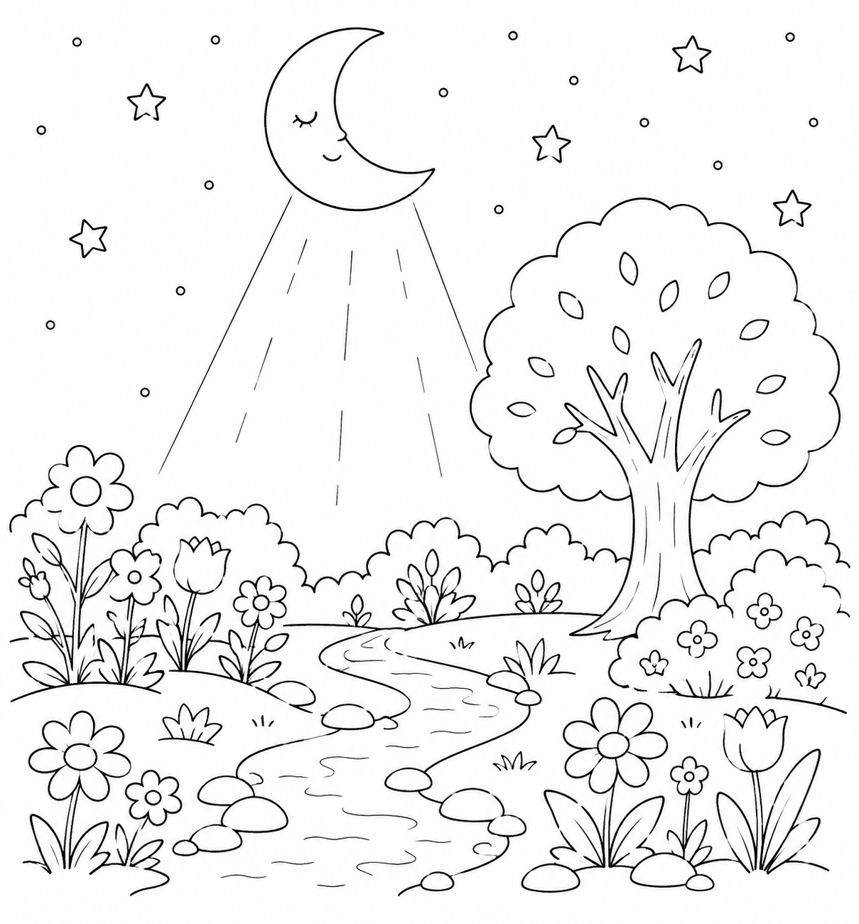 A simple line drawing of the moon, garden, and beam of light for colouring