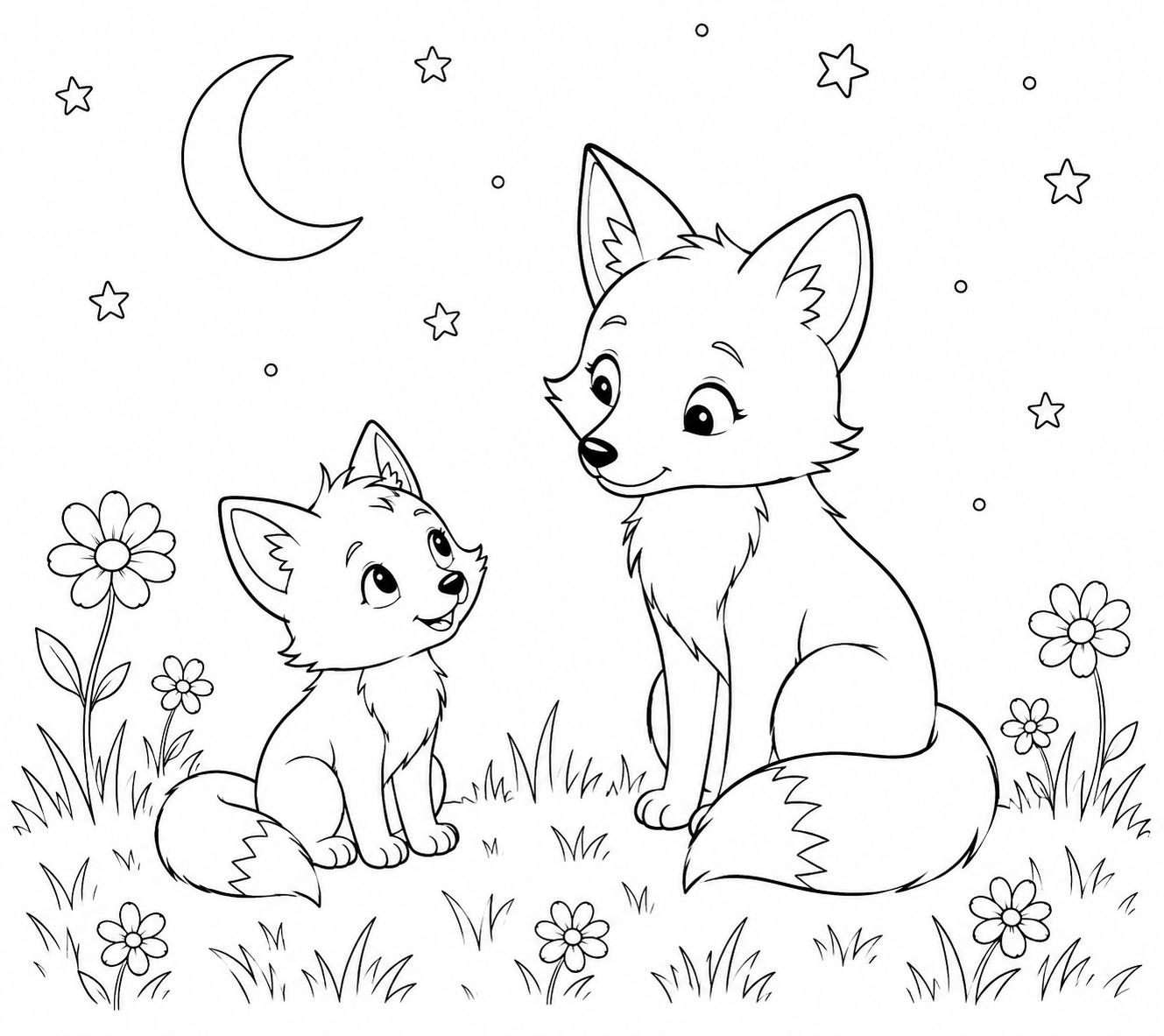 A simple line drawing of a young fox cub sitting in a meadow looking up at stars, with an older fox beside her, for colouring