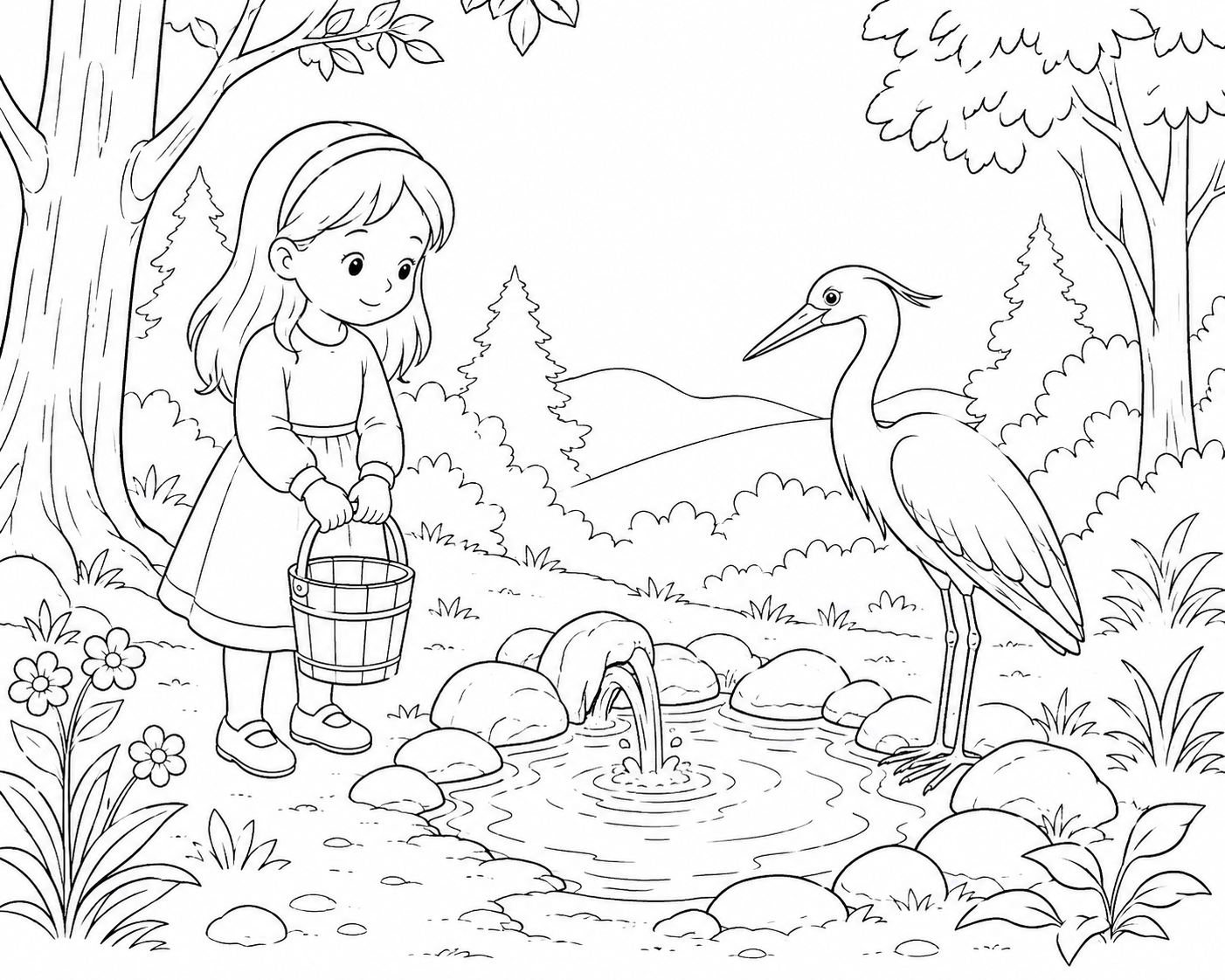 A simple line drawing of a girl beside a spring with a heron, for colouring