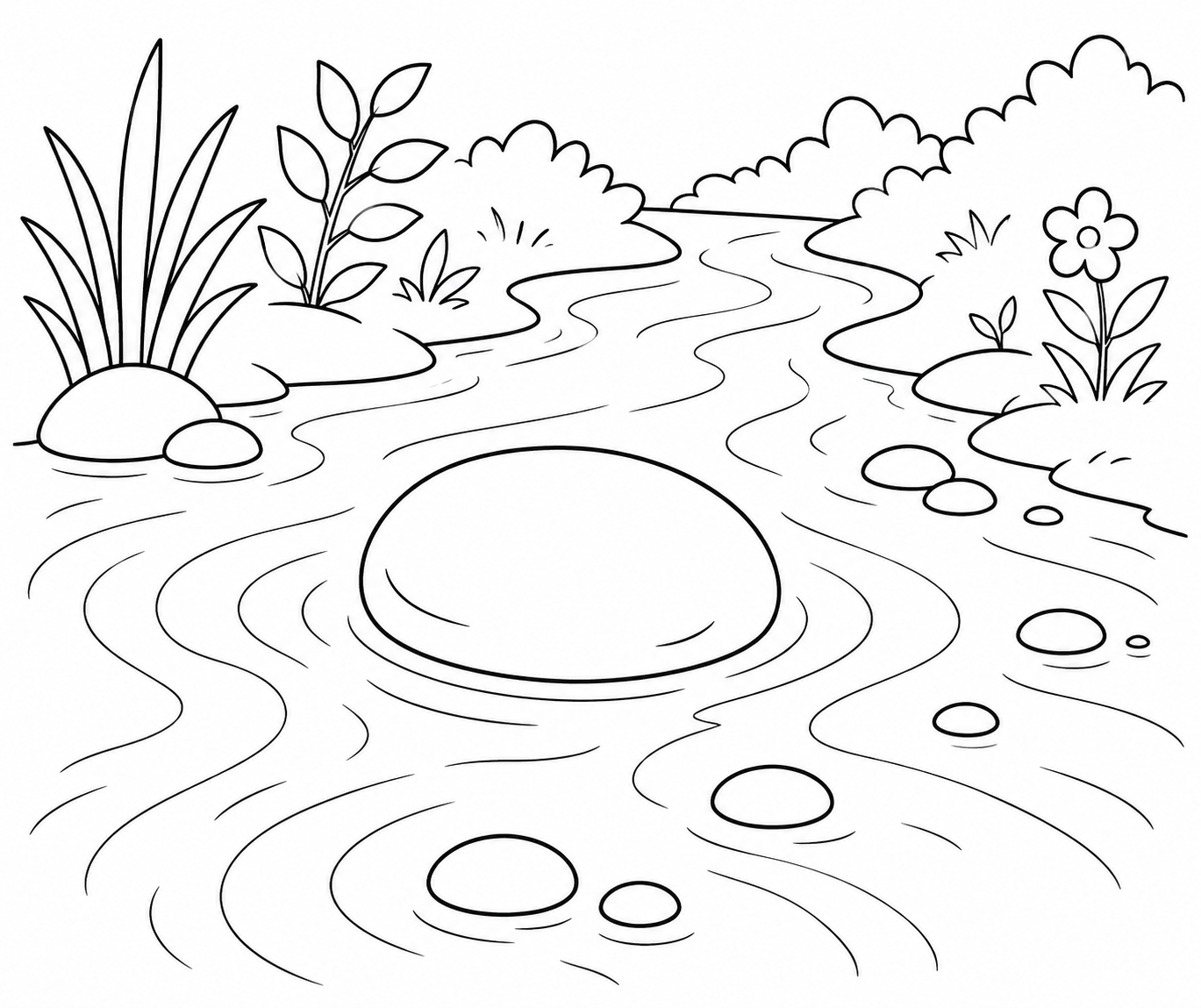 A simple line drawing of a pebble in a stream, for colouring
