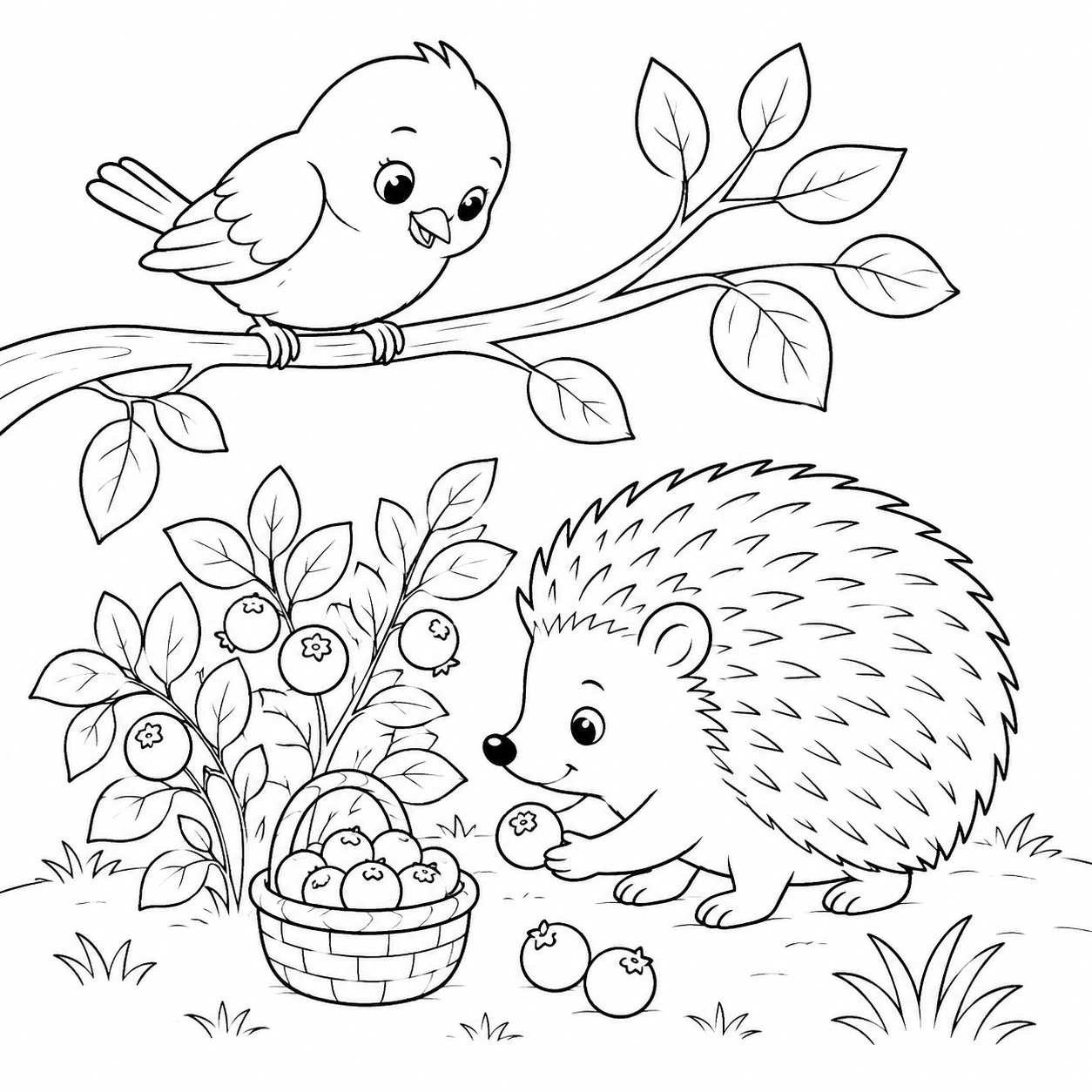 A simple line drawing of a small bird on a branch and a hedgehog gathering berries below, for colouring