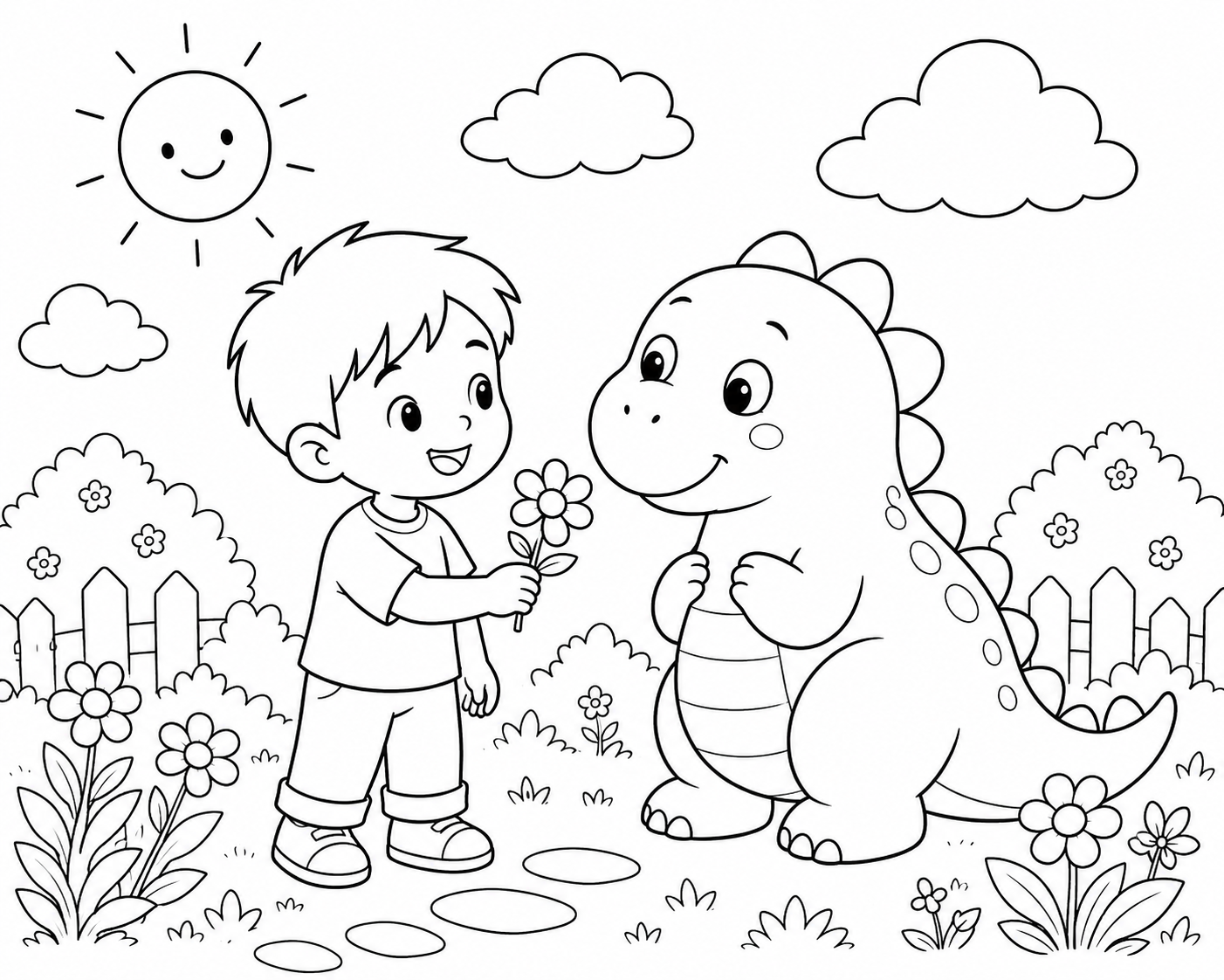 A simple line drawing of a young boy and a small round dinosaur standing together in a garden, for colouring